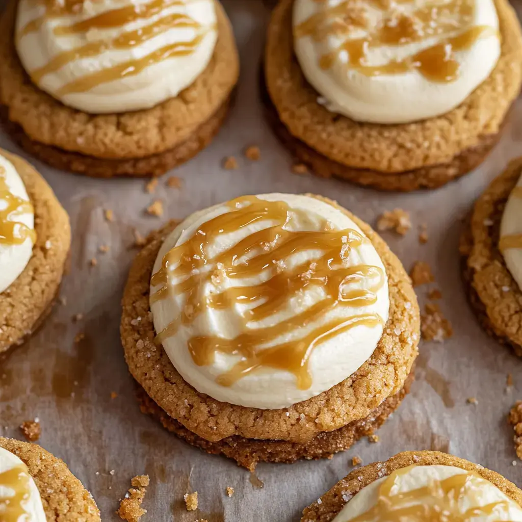 A close-up of freshly baked cookies topped with creamy frosting and drizzled with caramel sauce on a parchment-lined surface.