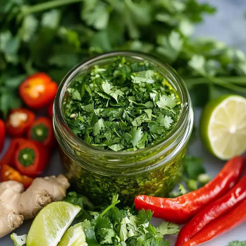 A jar of freshly chopped cilantro is surrounded by red chili peppers, ginger, lime wedges, and additional herbs.