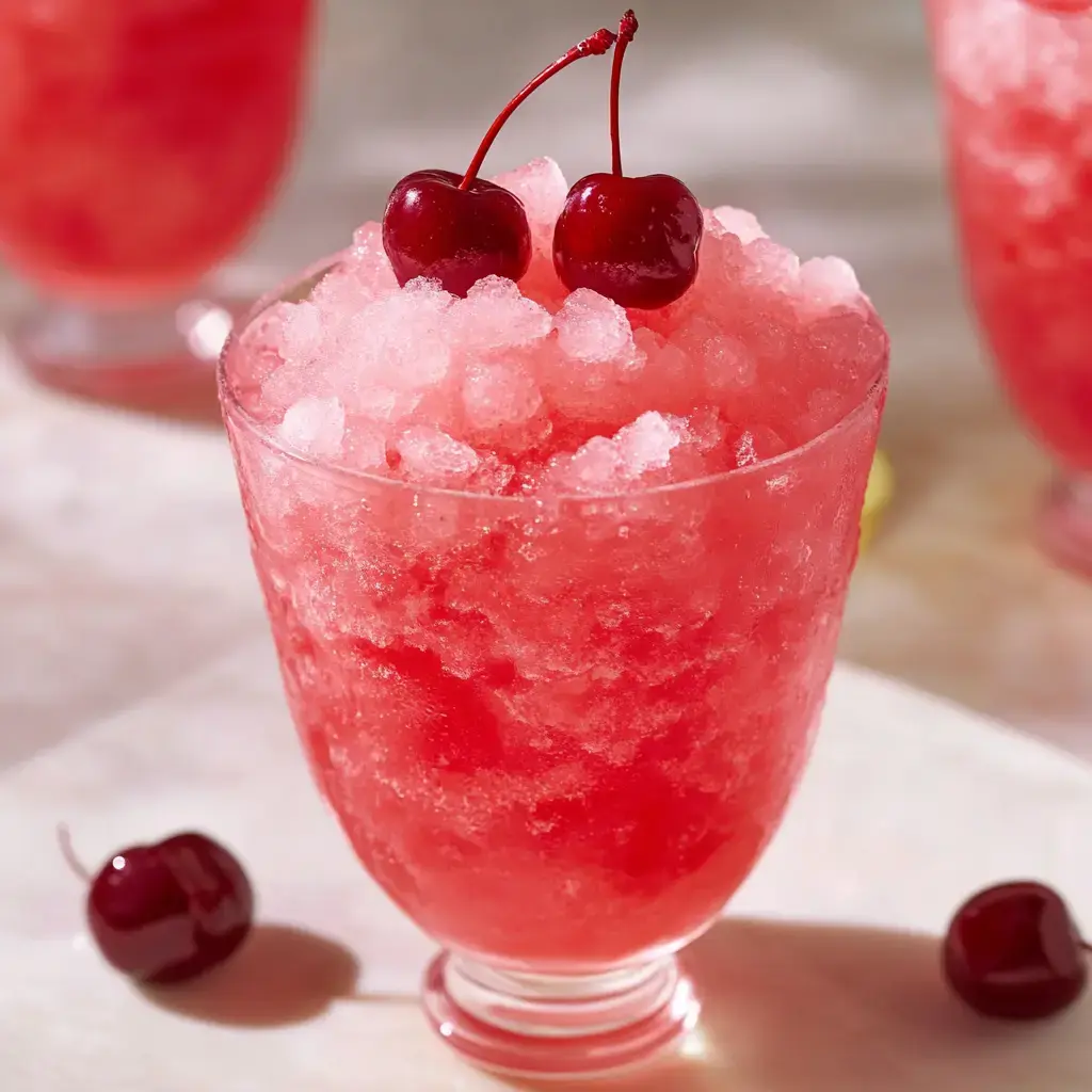 A glass filled with crushed ice and a vibrant red slush drink, topped with two cherries.