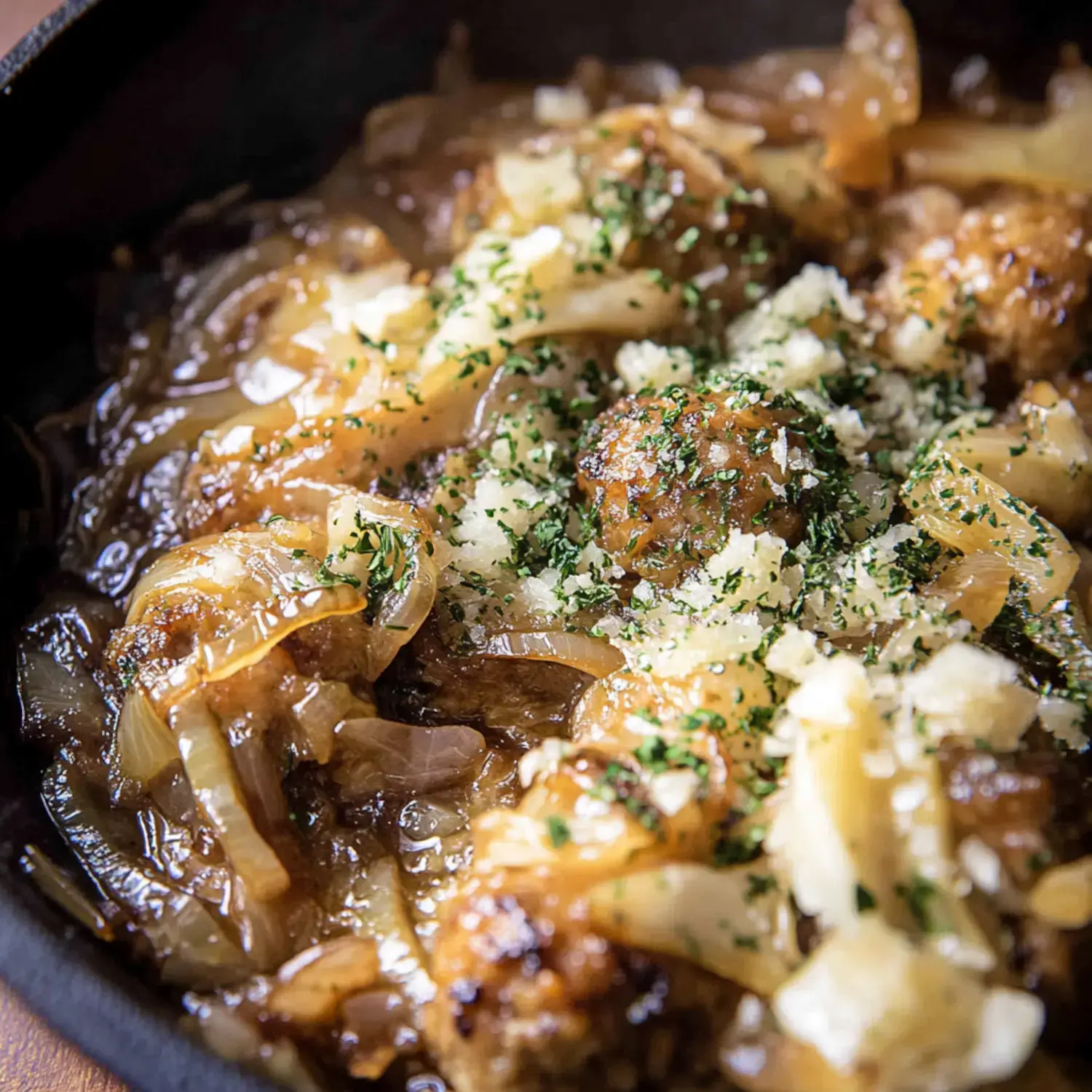 A close-up of a dish featuring meatballs simmered with caramelized onions, garnished with herbs and grated cheese in a cast iron skillet.