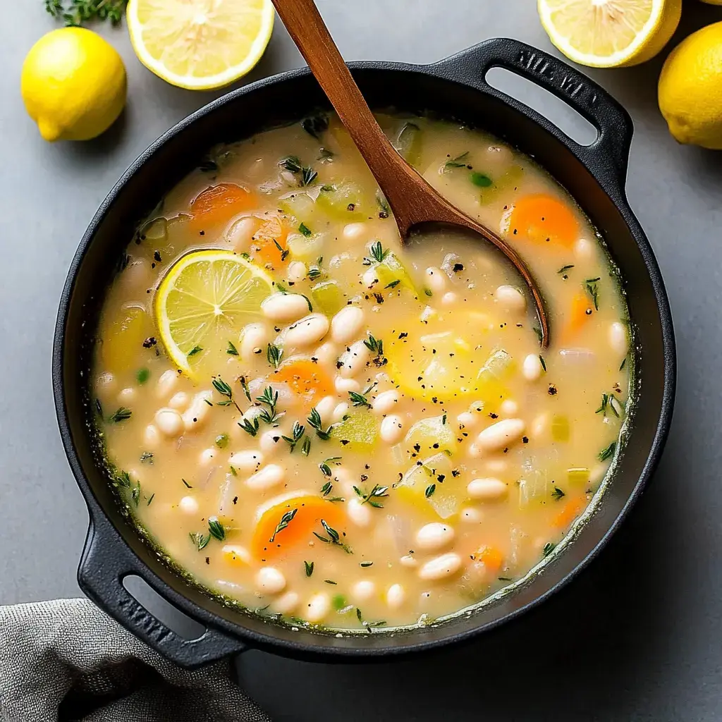 A black pot filled with a creamy soup containing white beans, sliced carrots, celery, and lemon, with a wooden spoon and lemon halves beside it.