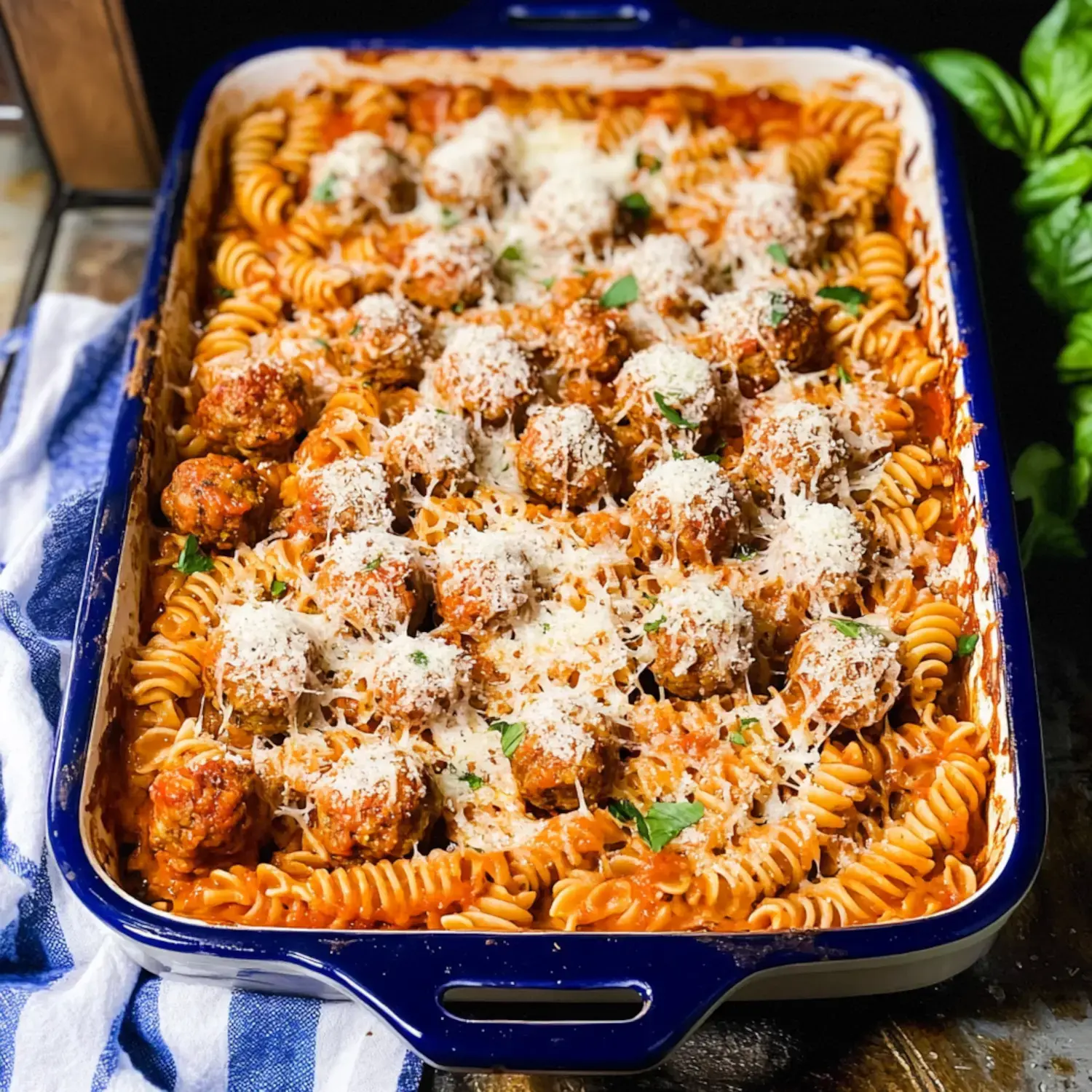 A blue baking dish filled with spiral pasta and meatballs, topped with grated cheese and garnished with parsley.