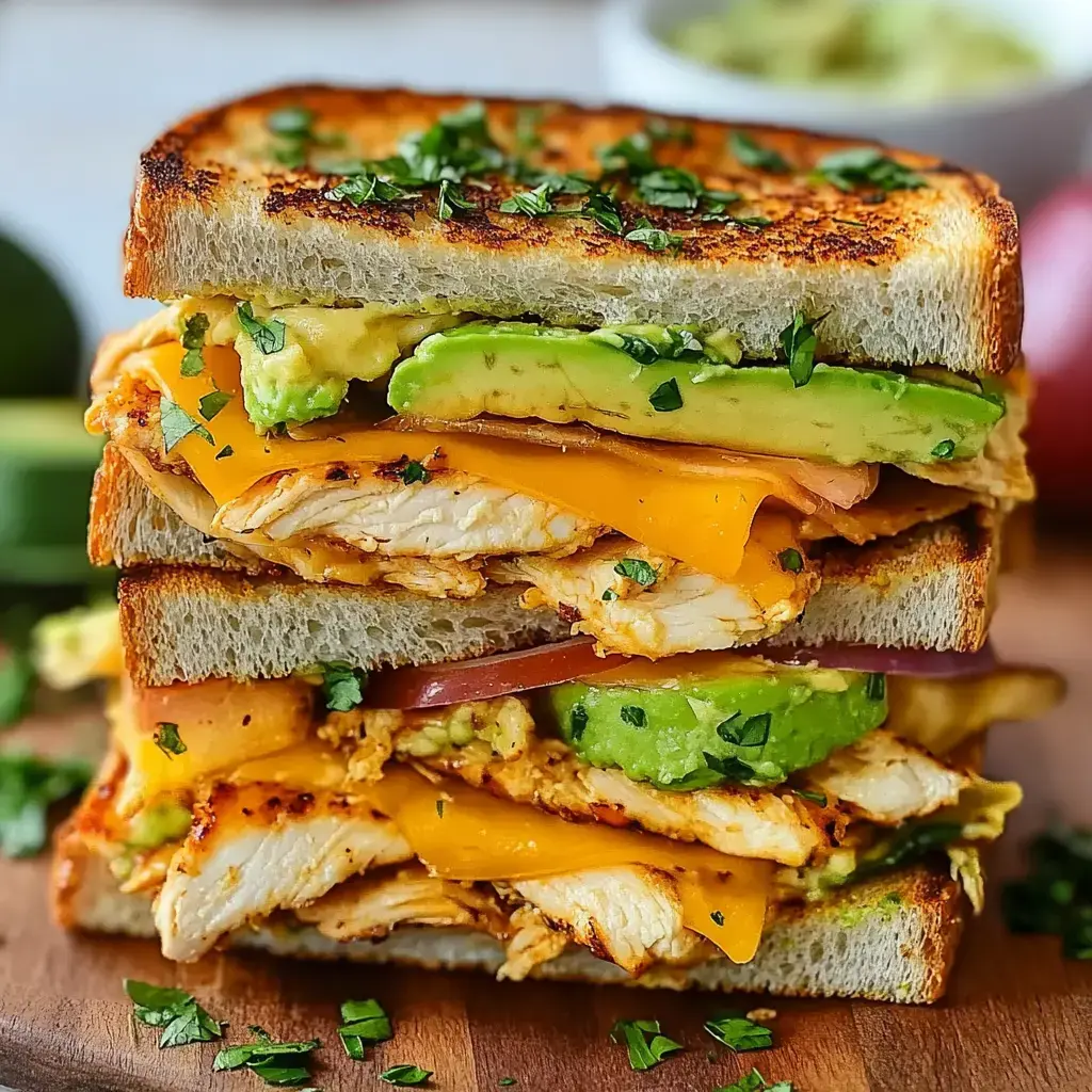 A stacked sandwich featuring grilled chicken, cheddar cheese, avocado, and fresh herbs between toasted slices of bread.