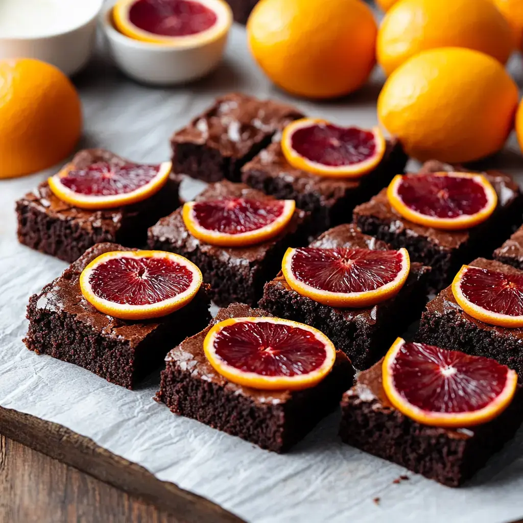 A platter of chocolate brownies decorated with slices of blood orange, surrounded by whole oranges and a small bowl of white sauce.