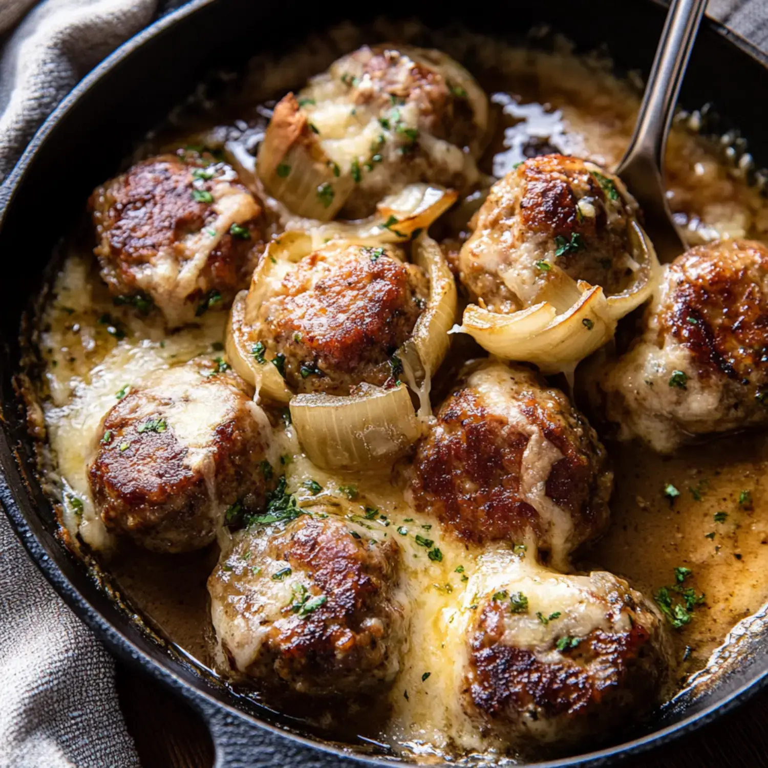 A cast-iron skillet filled with golden-brown meatballs topped with melted cheese and garnished with herbs and onions in a savory sauce.