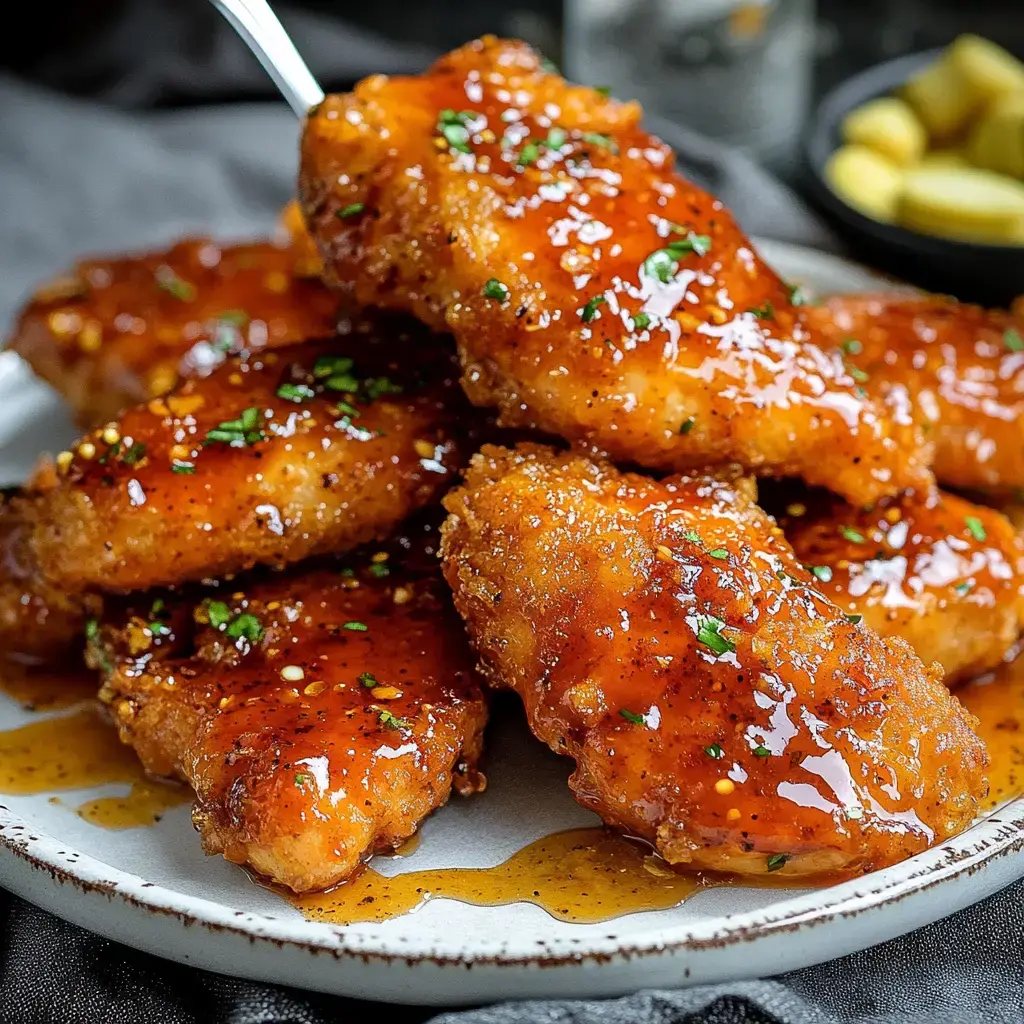 A plate of golden-brown, glazed chicken tenders garnished with green herbs, sitting in a pool of sauce.