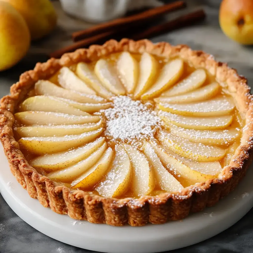 A beautifully arranged pear tart topped with powdered sugar, sitting on a white plate, with whole pears and cinnamon sticks in the background.