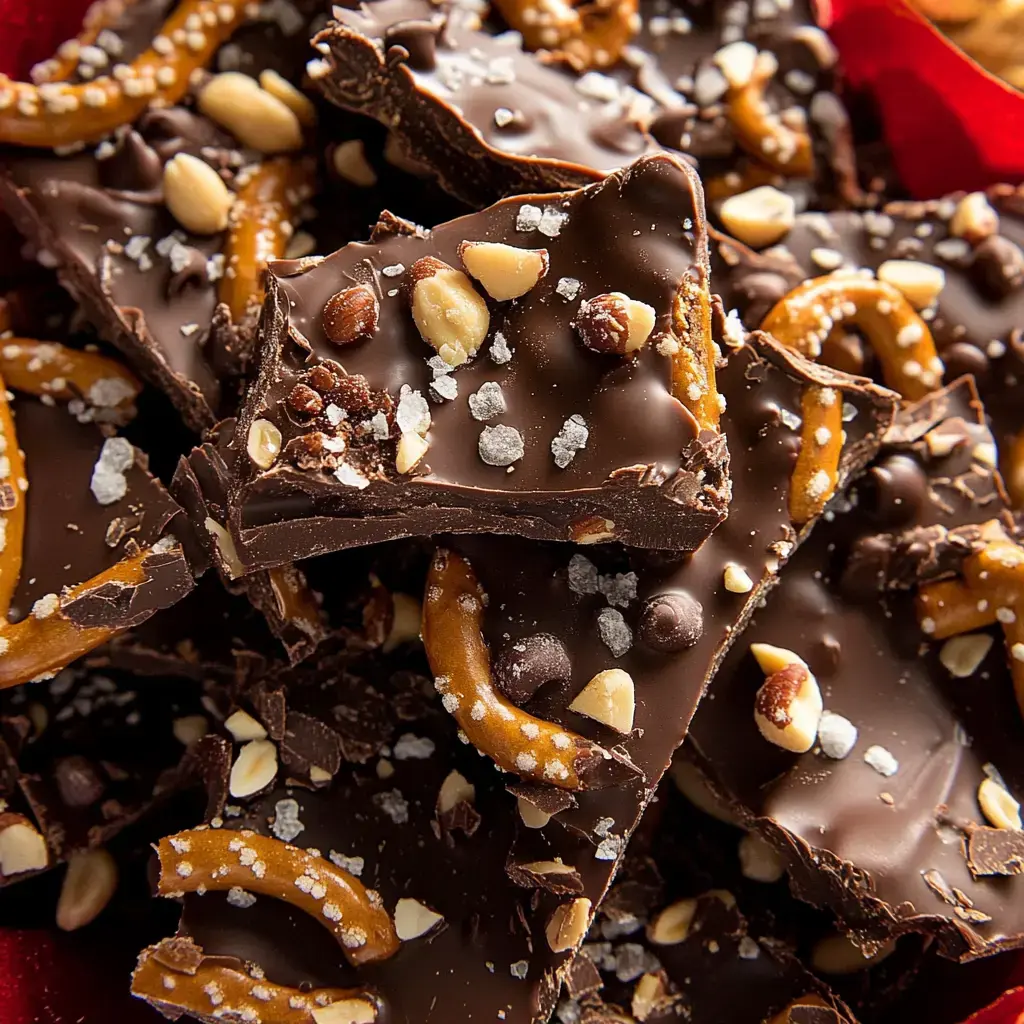 A close-up image of chocolate bark topped with pretzels, nuts, and coarse salt.