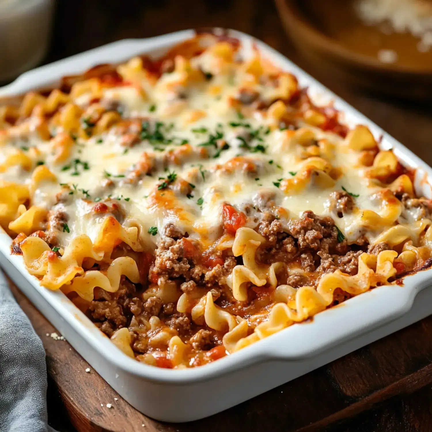 A close-up view of a baked pasta dish featuring layers of noodles, ground meat, marinara sauce, and melted cheese, garnished with parsley.