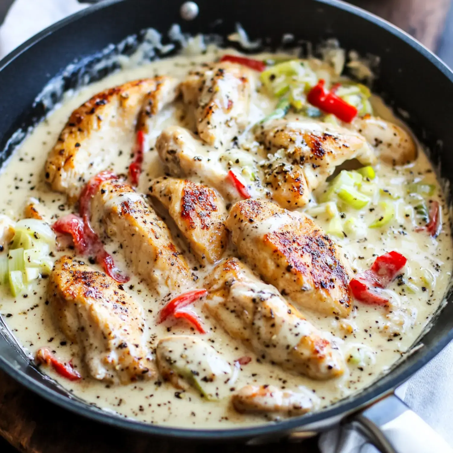 A skillet filled with cooked chicken pieces in a creamy sauce, mixed with sliced red peppers and green onions.