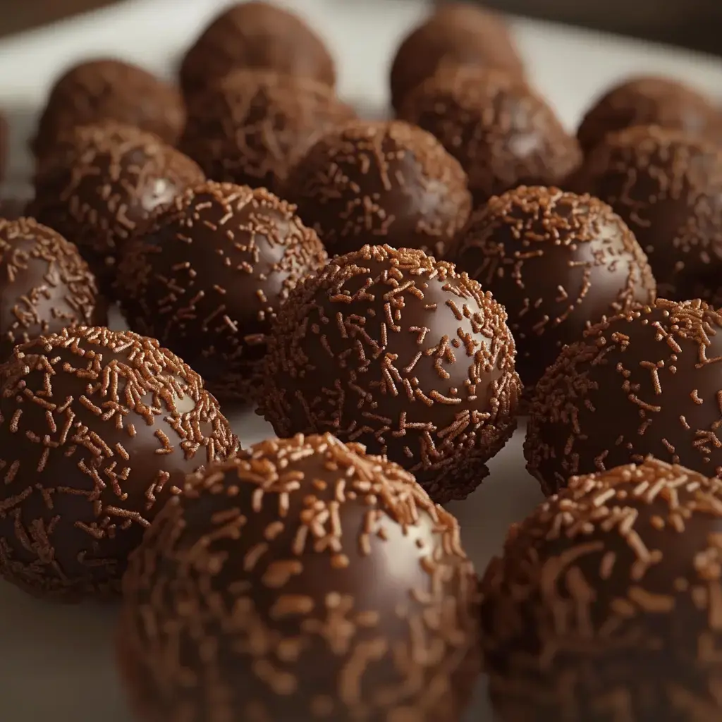 A close-up of chocolate truffles coated in chocolate sprinkles, arranged on a plate.