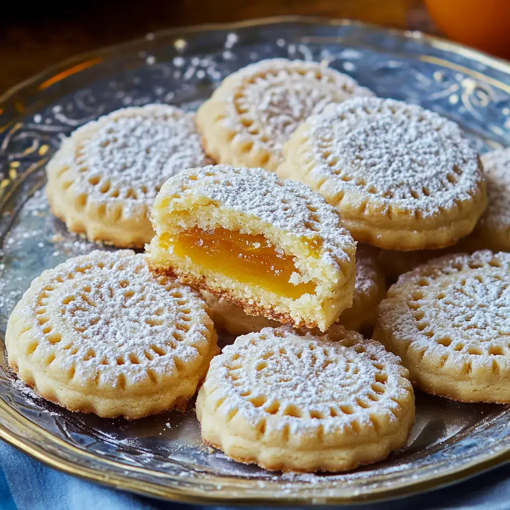 A plate of powdered sugar-dusted cookies with a vibrant yellow filling, showcasing one cookie cut in half to reveal its gooey interior.