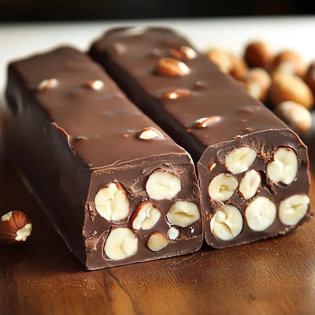 Two chocolate bars cut in half, revealing a filling of hazelnuts and creamy layers, with whole hazelnuts scattered around on a wooden surface.