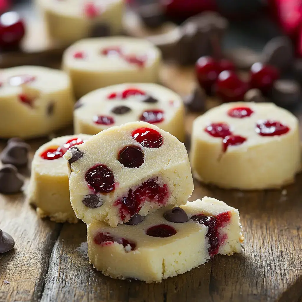 Sliced cookies with cherries and chocolate chips are arranged on a wooden surface.