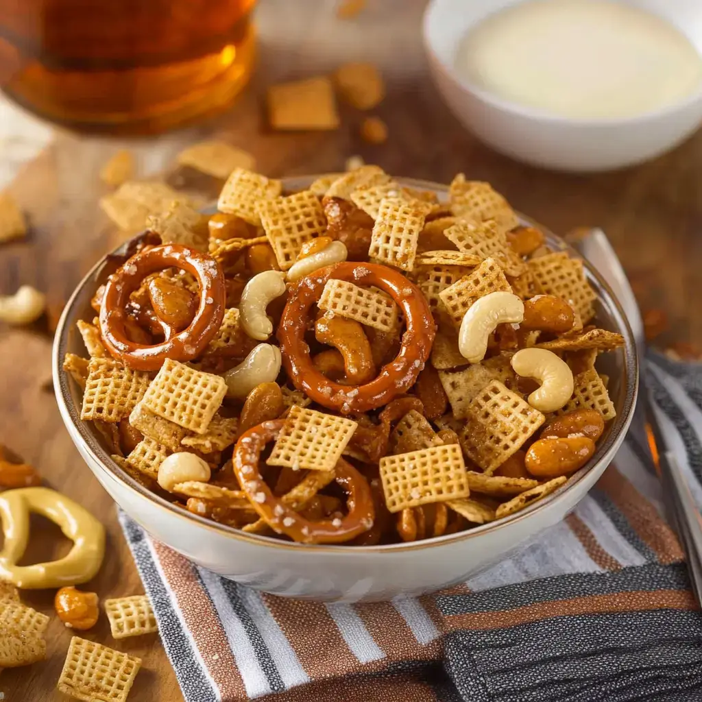 A bowl of mixed snack ingredients including cereal pieces, pretzels, cashews, and peanuts, with a small bowl of dipping sauce in the background.