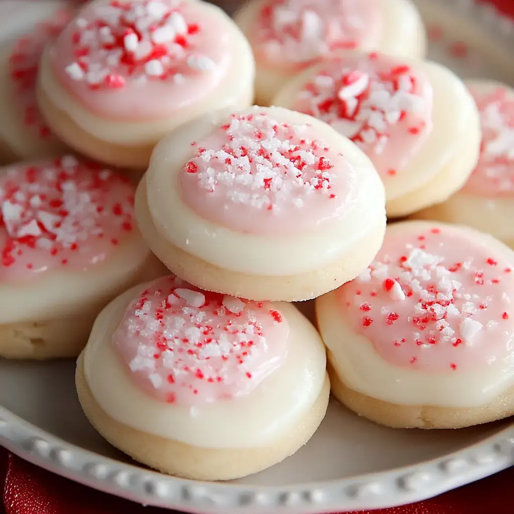 A plate of round, frosted cookies with pink icing and sprinkled crushed peppermint on top.