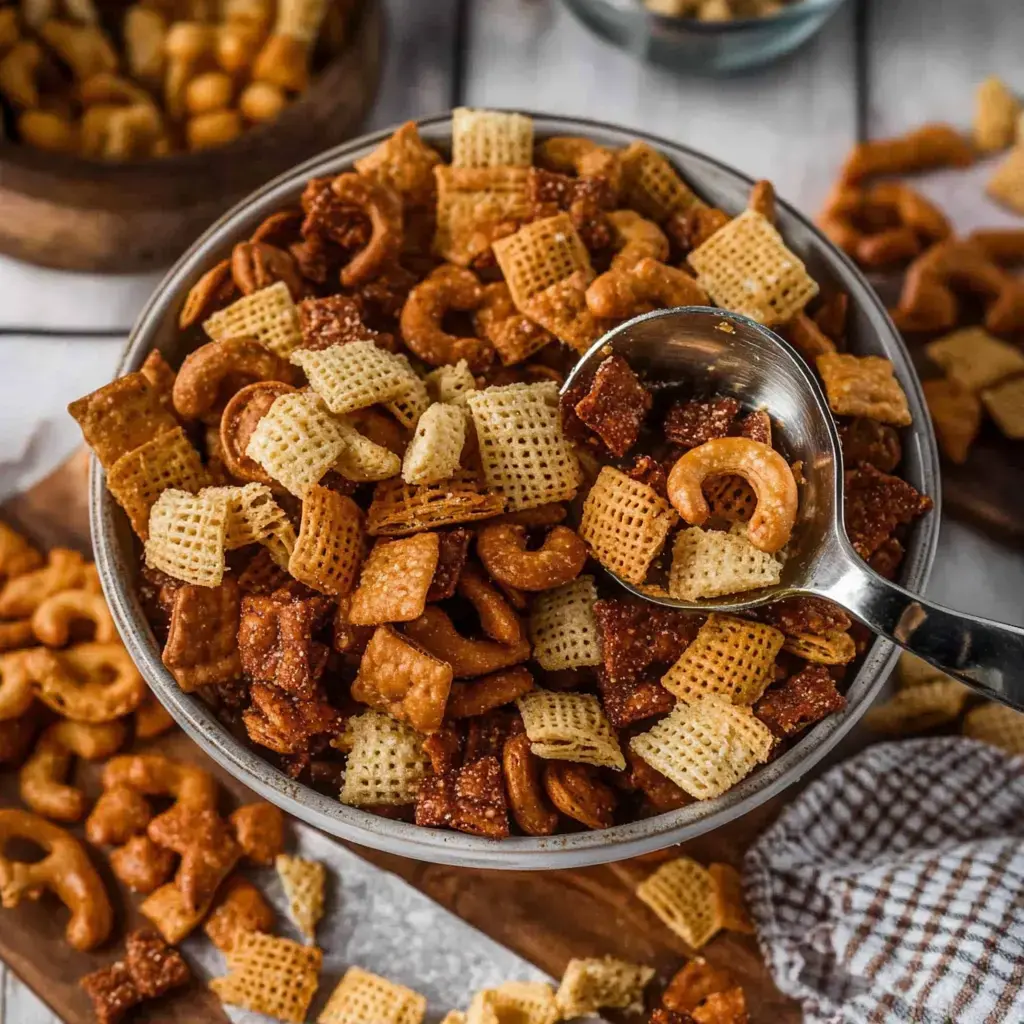 A bowl of mixed snack pieces, including pretzels, chex, and crunchy bites, with a spoon resting on the edge.