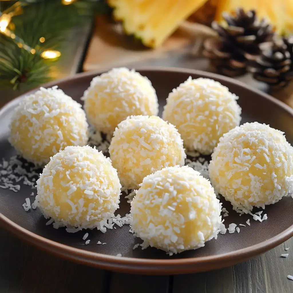 A plate of eight coconut-covered dessert balls is surrounded by shredded coconut, with pine cones and a pineapple in the background.