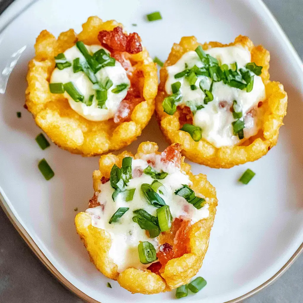 Three delicious, mini savory pastry cups are filled with creamy toppings, diced tomatoes, and garnished with green onions, served on a white plate.