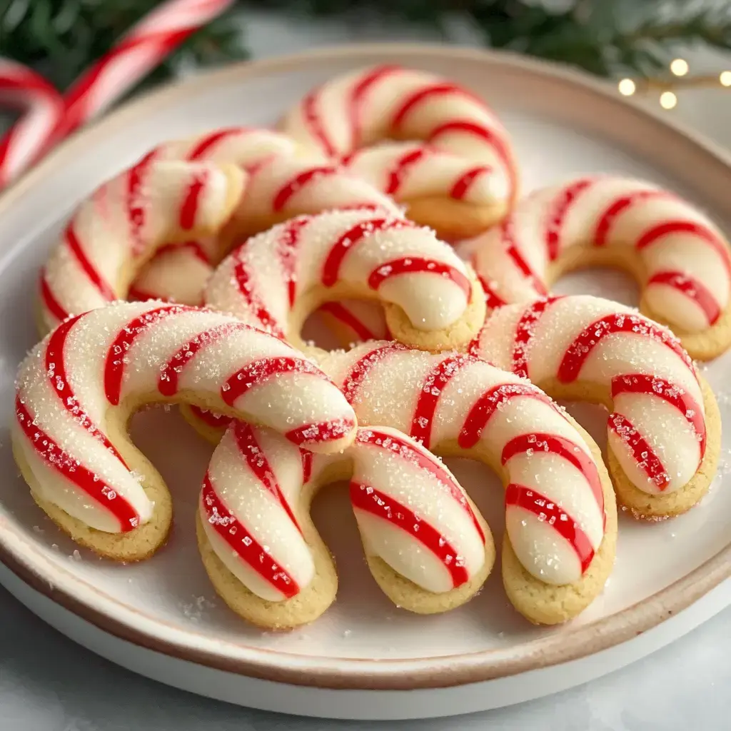 A plate of festive cookies shaped like candy canes, decorated with red stripes and white icing, topped with sparkling sugar.