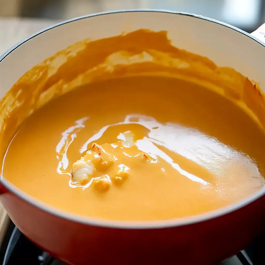 A red pot filled with smooth, creamy orange soup sits on a stove, with a few pieces of seafood visible in the mixture.