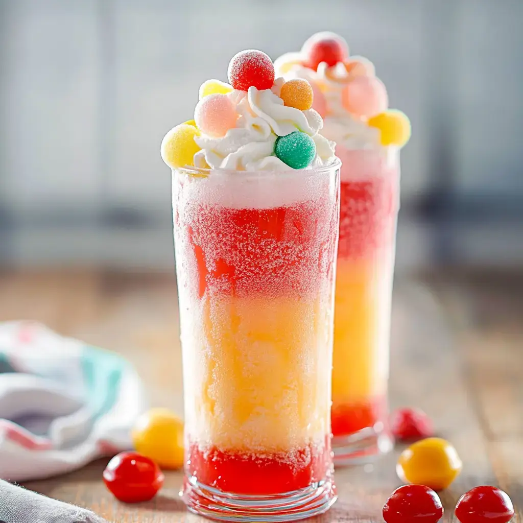 Two colorful layered drinks topped with whipped cream and candy balls, displayed against a wooden background.