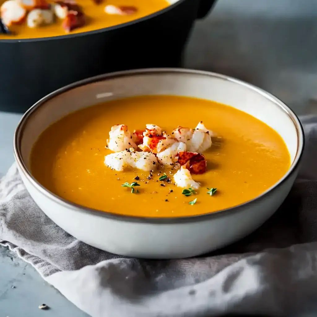 A bowl of creamy orange soup topped with pieces of lobster, spices, and fresh herbs, placed on a gray cloth.