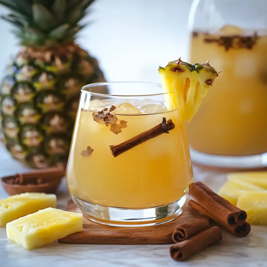 A refreshing pineapple drink garnished with a slice of pineapple and cinnamon sticks, alongside a whole pineapple and chopped pineapple pieces.