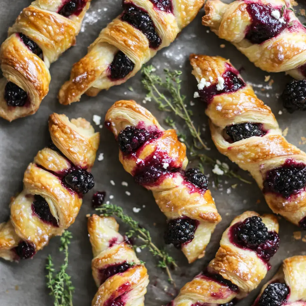 A top-down view of twisted pastries filled with blackberries and dusted with powdered sugar.