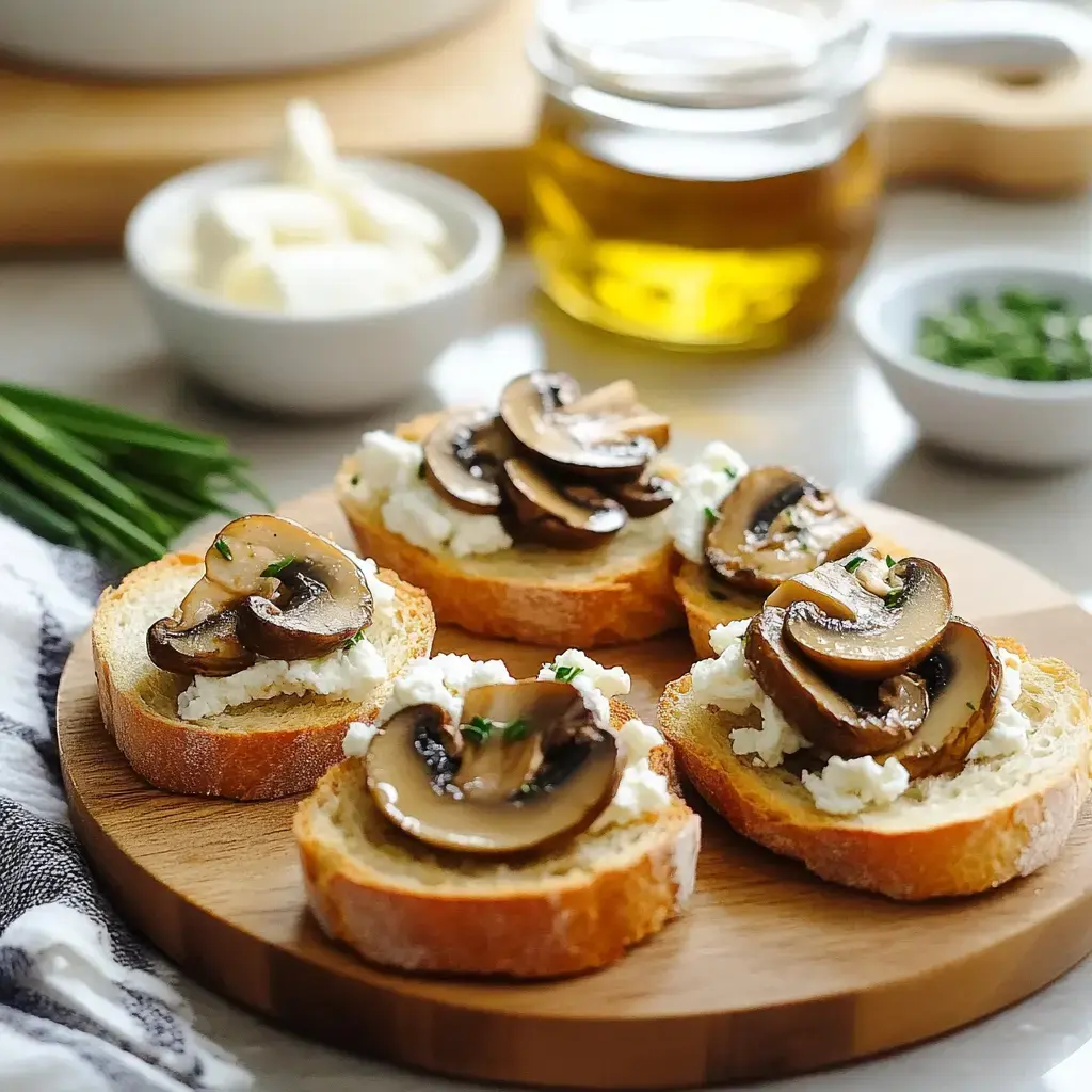 Four toasted bread slices topped with creamy cheese and sautéed mushrooms, arranged on a wooden serving board, with additional ingredients in the background.