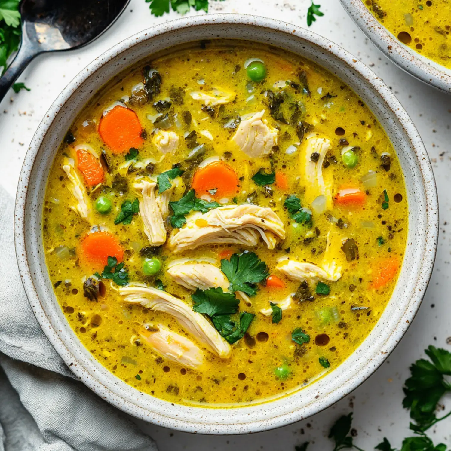 A bowl of chicken soup filled with shredded chicken, carrots, peas, and garnished with fresh herbs in a vibrant yellow broth.