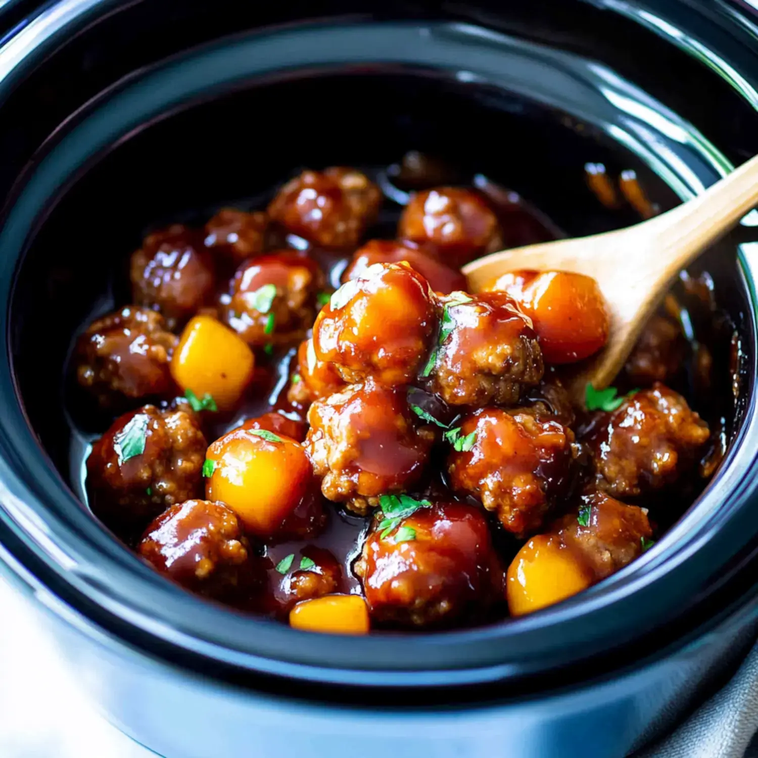 A close-up of meatballs in a glossy sauce with pieces of fruit and garnished with herbs, served in a black slow cooker.