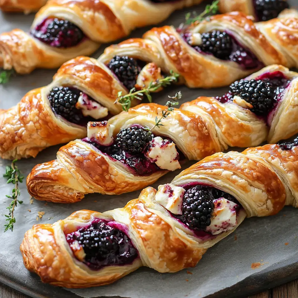 A close-up image of twisted pastries filled with blackberries and cream cheese, garnished with thyme, arranged on a baking sheet.