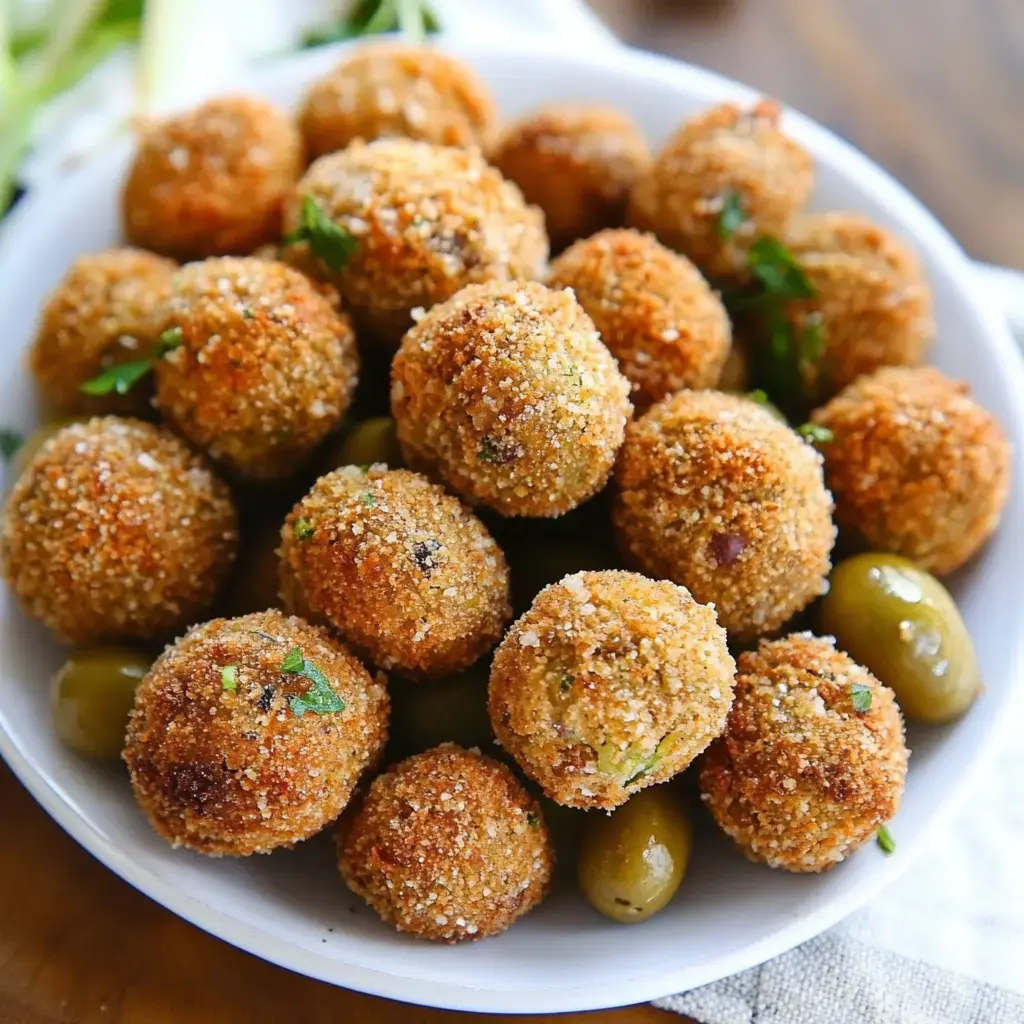 A close-up of a white bowl filled with golden-brown, deep-fried, breadcrumb-coated balls, garnished with herbs, alongside green olives.