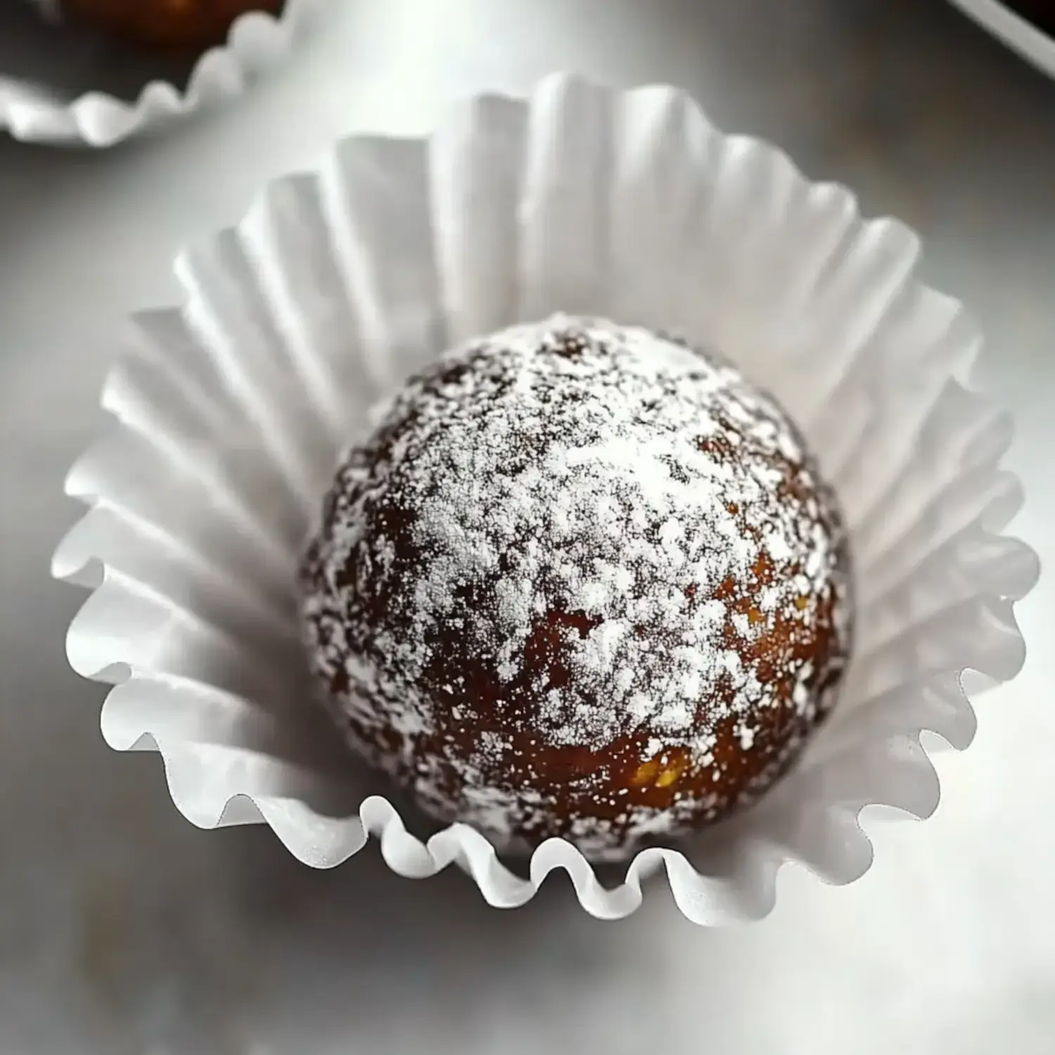 A brown dessert ball dusted with powdered sugar sits in a white paper cup.