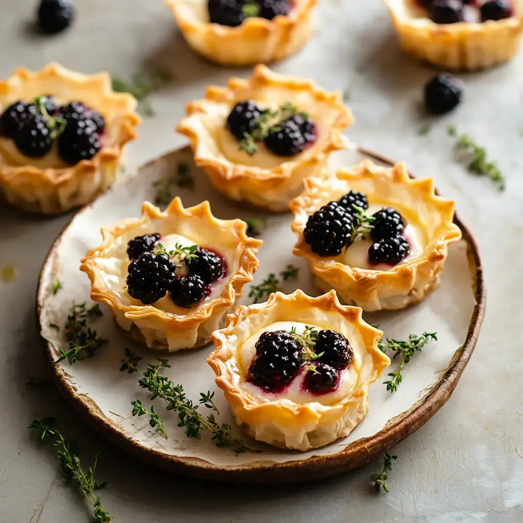 A plate of mini tarts filled with cream and topped with blackberries, garnished with fresh thyme.