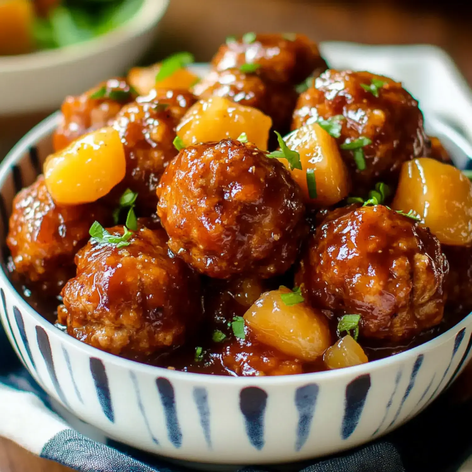 A bowl of meatballs glazed in a sweet sauce, topped with pineapple chunks and garnished with chopped parsley.