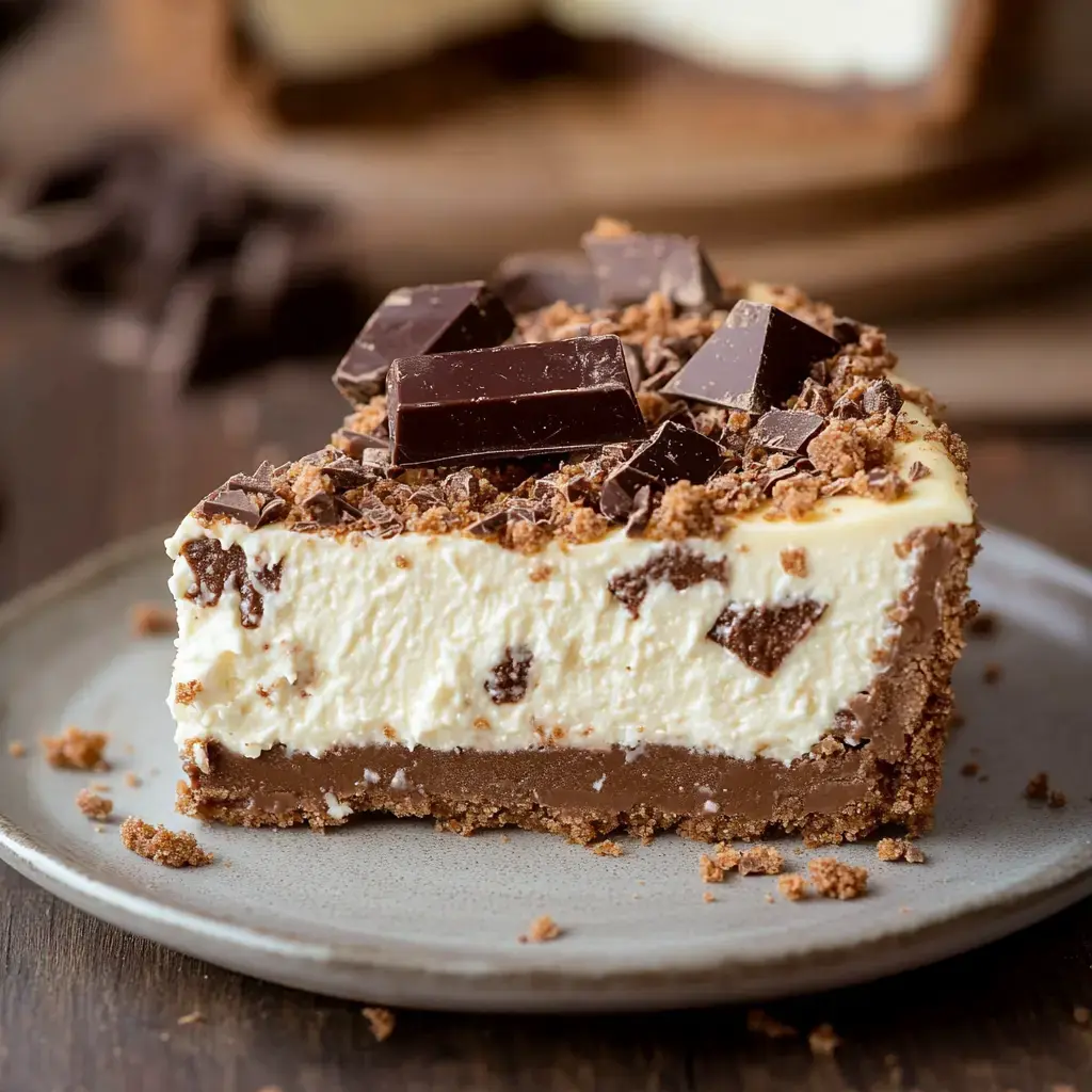 A slice of layered chocolate and cream dessert topped with chocolate shavings and chunks on a gray plate.