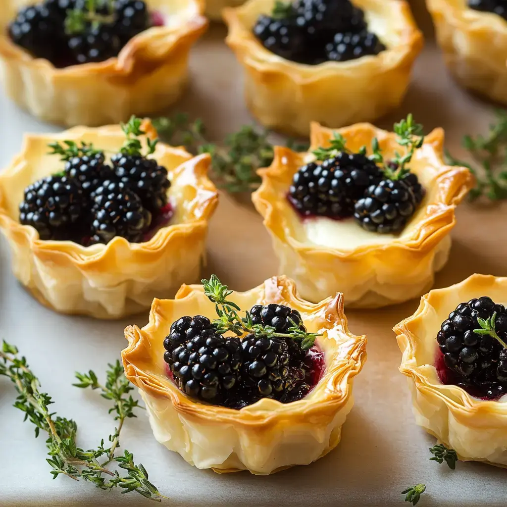 Delicious mini tarts with a crispy crust are filled with creamy custard and topped with fresh blackberries and thyme.