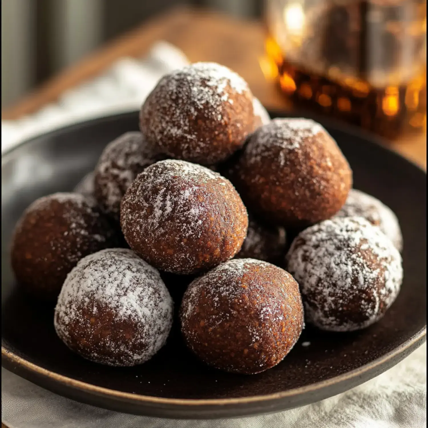 A plate of round, chocolate-covered treats dusted with powdered sugar.