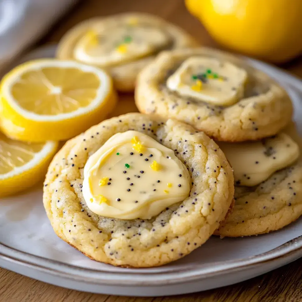 A plate of poppy seed cookies topped with lemon frosting, accompanied by slices of fresh lemon.