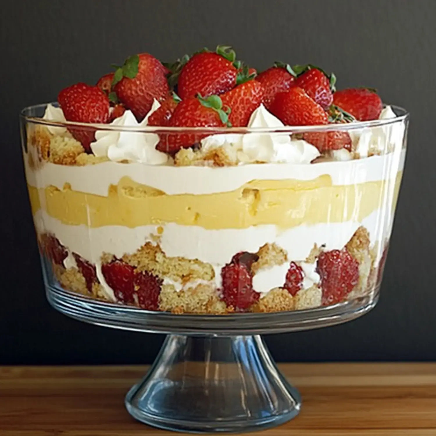 A glass trifle dish layered with vanilla pudding, whipped cream, strawberry slices, and cake, topped with whole strawberries.