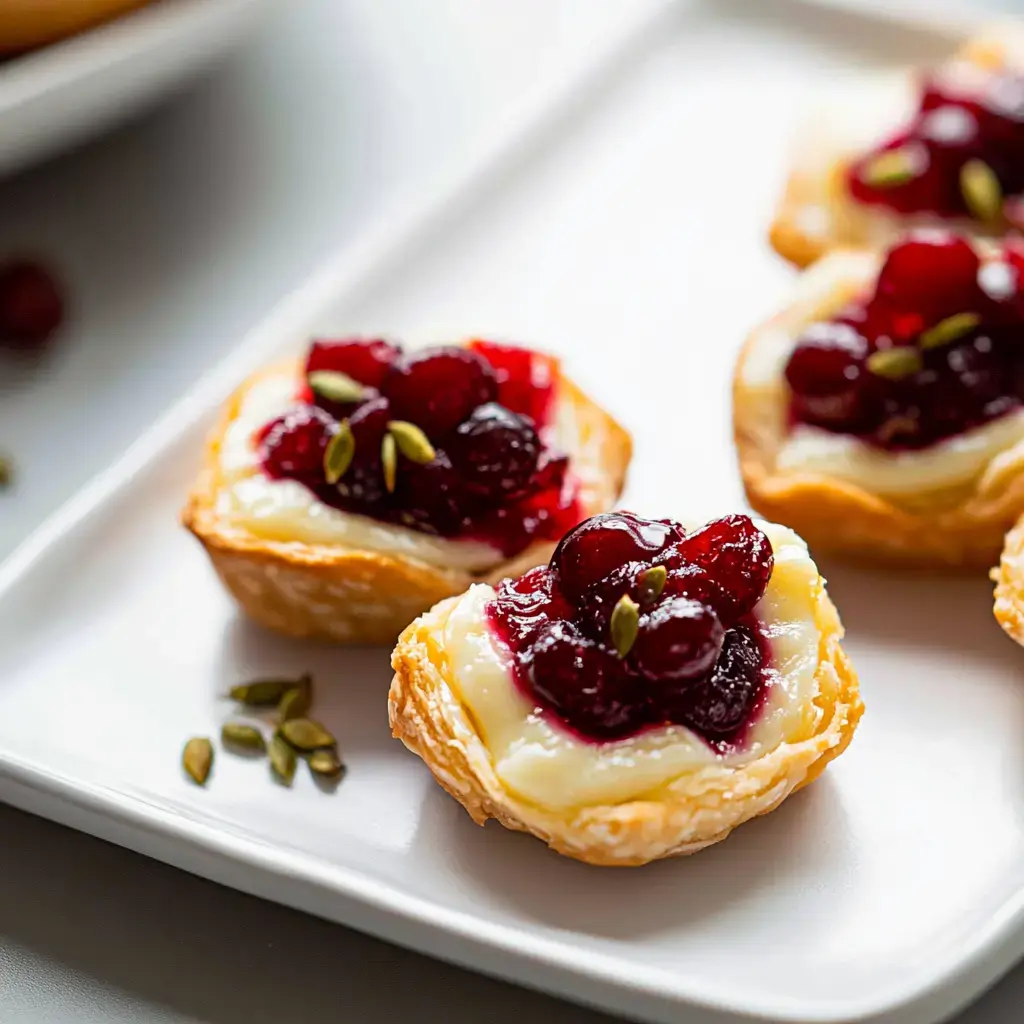 A plate of mini pastry cups filled with creamy custard and topped with mixed berries and seeds.