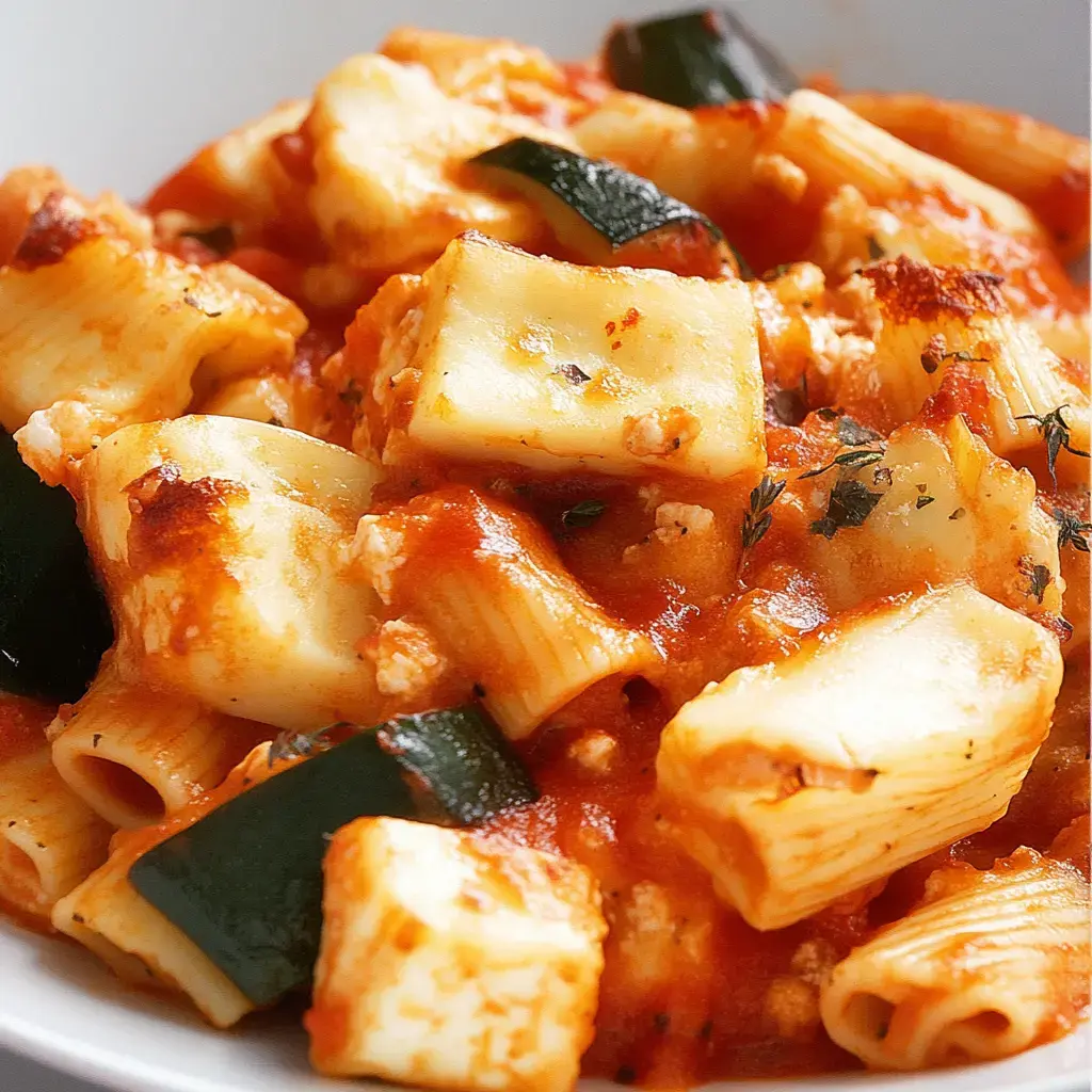 A close-up of rigatoni pasta chunks in a rich tomato sauce with pieces of zucchini and herbs.