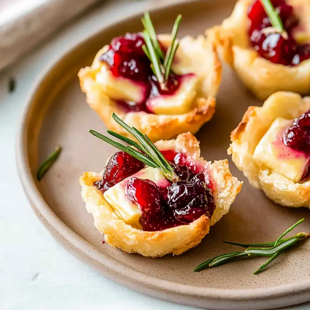 A plate of mini pastry cups filled with cream cheese, raspberry jam, and garnished with rosemary.