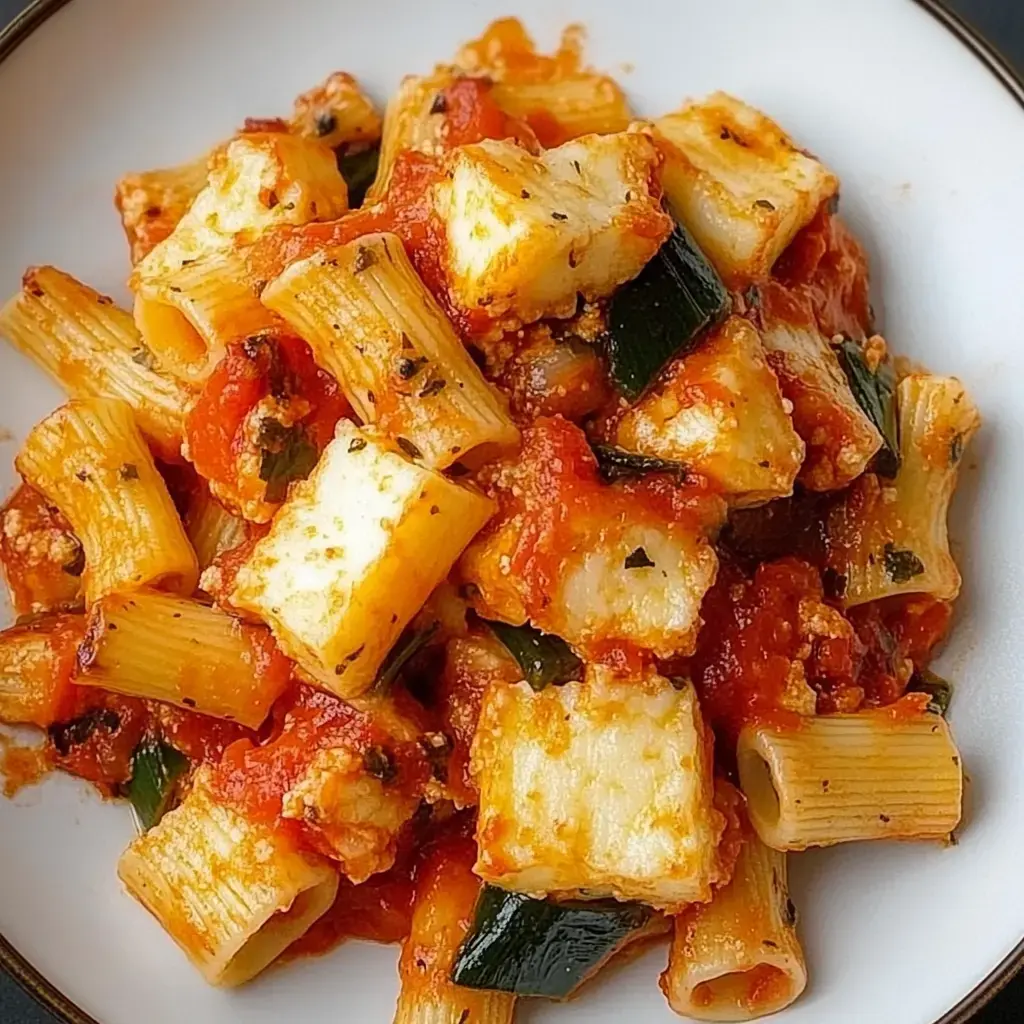 A close-up plate of rigatoni pasta mixed with a chunky tomato sauce and pieces of zucchini.