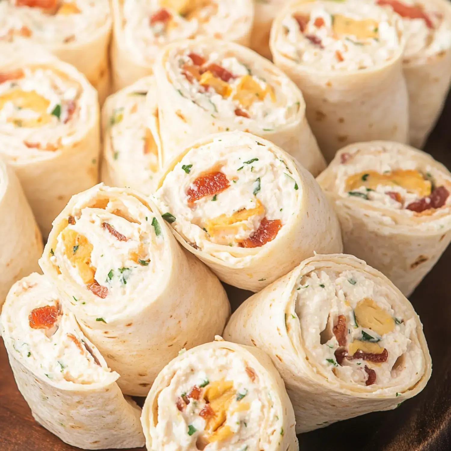 A close-up view of sliced pinwheel wraps filled with cream cheese, bacon, and herbs.