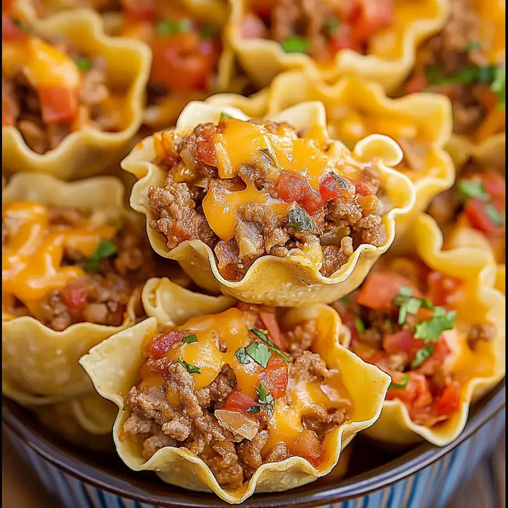 A close-up view of crispy tortilla cups filled with seasoned ground meat, cheese, and diced tomatoes, garnished with fresh herbs.