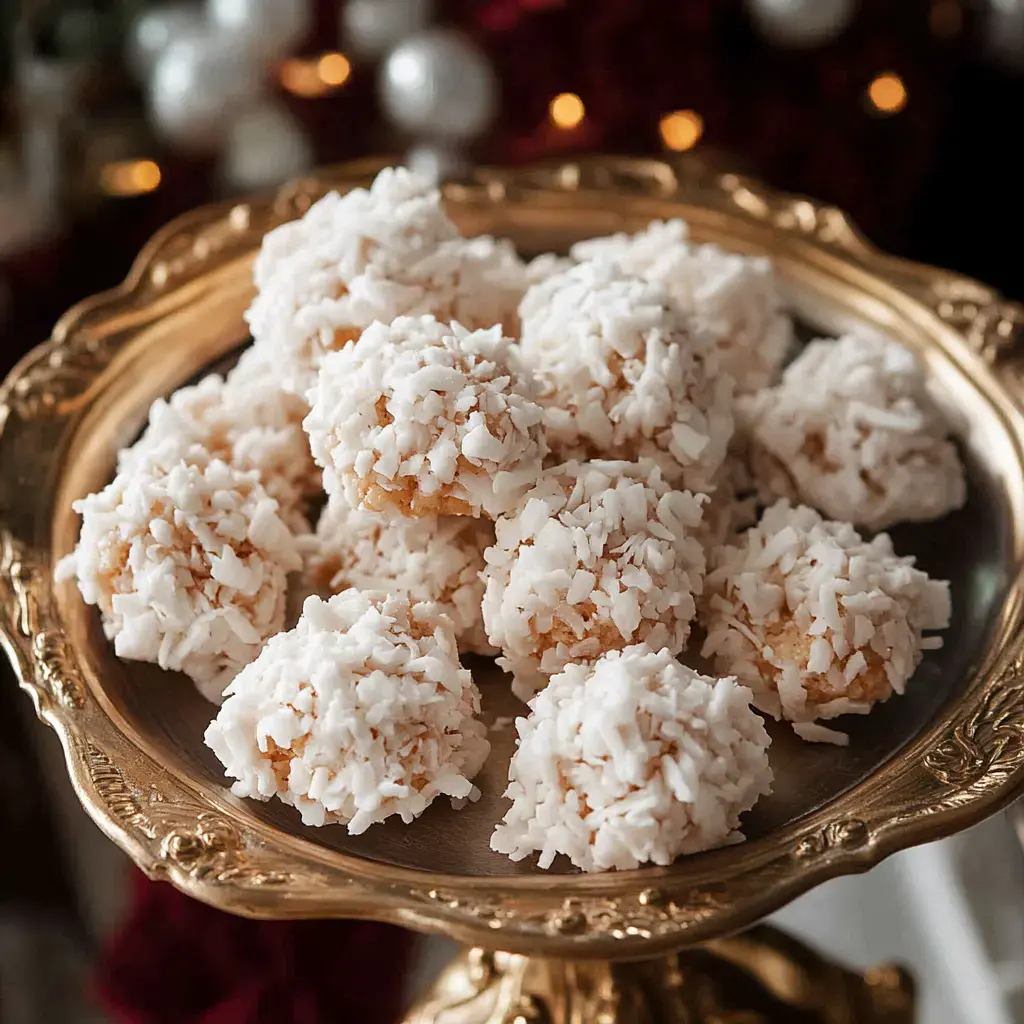 A silver platter is filled with round coconut-covered treats.