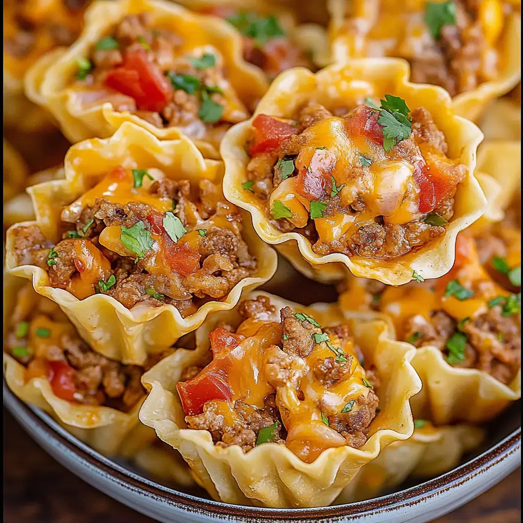 A close-up of mini pastry cups filled with seasoned ground meat, cheese, tomatoes, and fresh herbs.